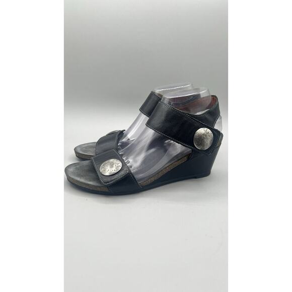 Taos Carousel Ajustable Strappy Wedge Sandals Black Leather Size 40/ 9-9.5 US - Picture 3 of 13